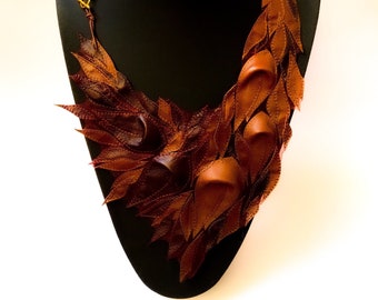Handmade Brown Leather Leaf Bib Necklace, Statement Jewelry