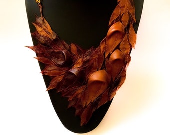 Leaves necklace Statement leather bib necklace Long Necklace Bohemian jewelry