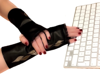 Leather Arm Sleeves: Black Fingerless Gloves with Silver Leaves