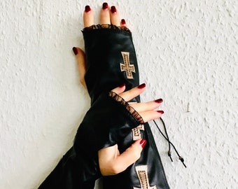 Long leather fingerless gloves with crosses Women or men, Gothic gloves, Black gloves