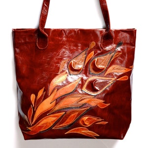 Ausgefallene Tasche Leder Henkeltasche mit Blumen für Frauen, Stickerei aus Leder, Henkeltasche, Große Nappaleder Shopper