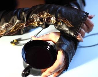 Long leather gloves fingerless, Cosplay gloves with pattern, Elbow length gloves