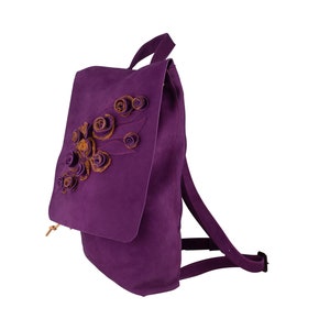 Leather backpack Violet for women, Leather rucksack with roses, High quality Italian nubuck leather, Unique Handmade Gift Set