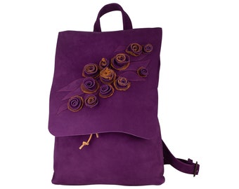 Leather backpack Purple for women, Leather rucksack with roses, High quality Italian nubuck, Unique Handmade Gift for her