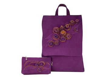 Leather backpack and cosmetic purse Purple color, Leather rucksack with roses, High quality Italian nubuck leather, Unique Handmade Set