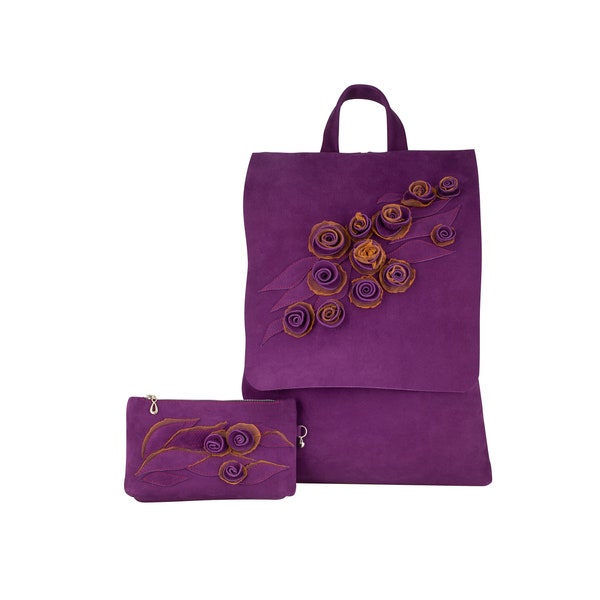 Sac à dos en cuir et porte-monnaie en cuir, Couleur pourpre, Sac à dos en cuir avec roses, Cuir nubuck italien de haute qualité, Ensemble unique fait main