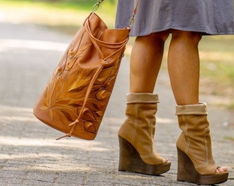 Oversized leather Bucket bag with flowers for women, Handbag with two Removable straps, High quality soft Italian nappa leather