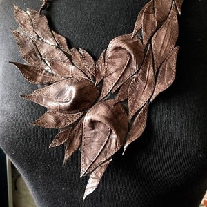 Bib leather necklace for women, Statement necklace with flowers, Wife gift