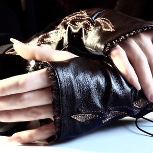 Long over elbow 14 in leather fingerless gloves for women, Floral design, Dark Academia