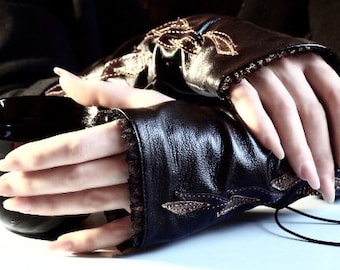 Long over elbow 14 in leather fingerless gloves for women, Floral design, Dark Academia