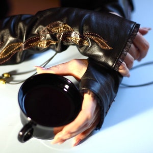 Arm sleeves Black leather fingerless gloves, Goth glove, Long women's cuff, Gift for her image 2