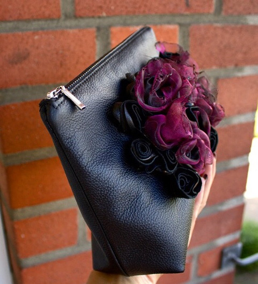 Leather Clutch Black With Flowers Make up Bag for Women Etsy