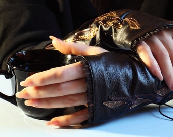 Long Leather Gloves Fingerless, Fantasy Style, Arm sleeves Cosplay gloves, Unisex gloves Gift