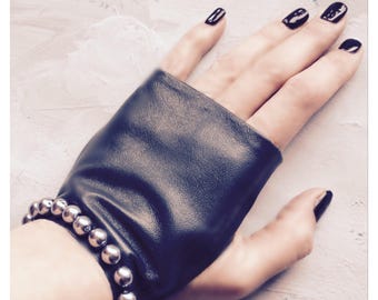 Leather gloves fingerless for women with pearl beads, Valentine's Day Gift