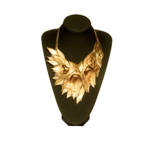 Gold Leather Statement Necklace: Handmade Bohemian Bib Collar