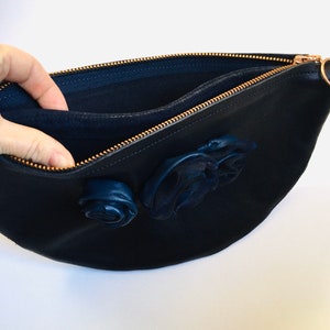 Navy blue  leather clutch, Bag with flowers, Round bag for women, High quality leather