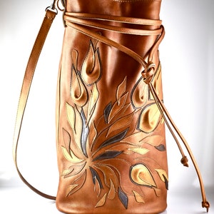 Leather Handbag with flowers, Bucket bag, Big Tote bag, Wife gift