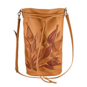 Leather Tote Bag Personalized Gift Handbag with flowers Bucket bag for women