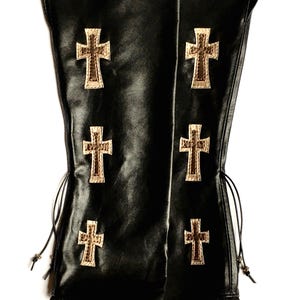 Leather Fingerless Gloves with Crosses, Goth Punk Cuffs