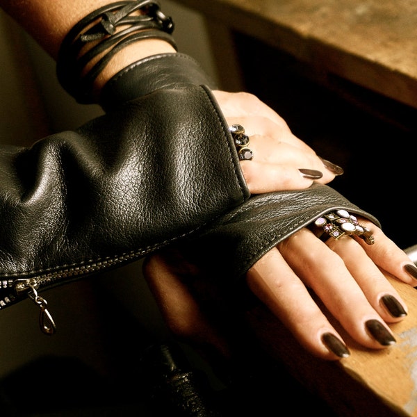 Leather fingerless gloves with Metallic zipper Unisex, Smartphone gloves, Various colors