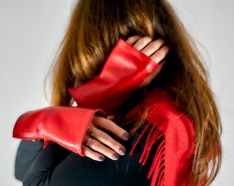 Red fingerless gloves for women, High quality leather, Mom gift