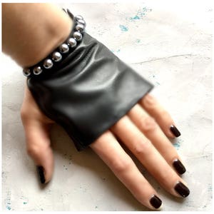 Black leather gloves fingerless, Women mittens with pearl beads, Various colors