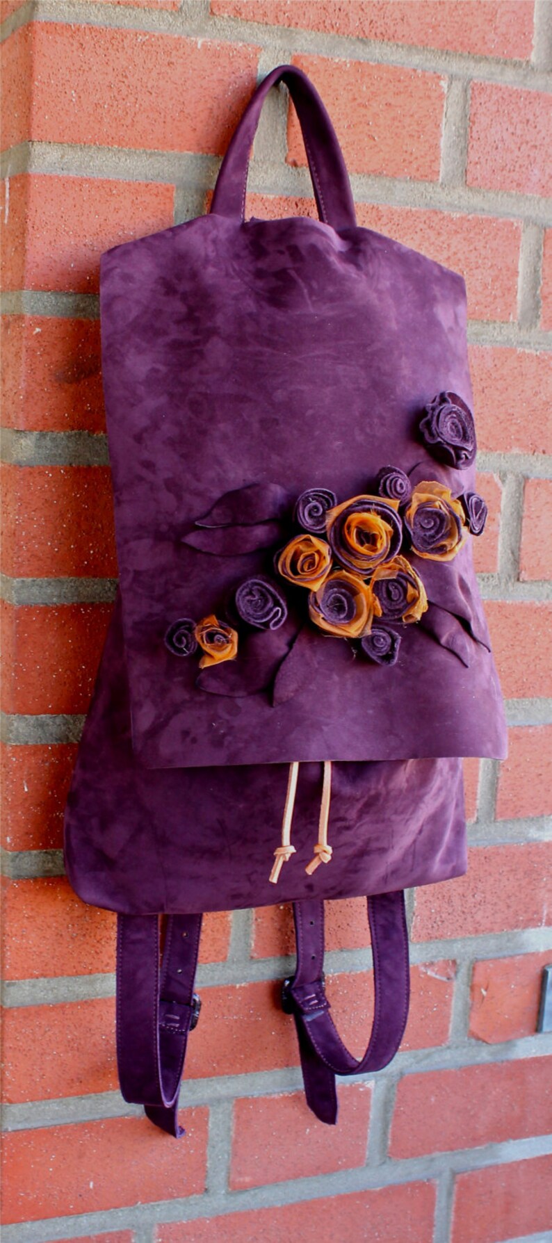 Roses Rucksack Leather Rucksack: Purple Nubuck Backpack With Roses - Etsy