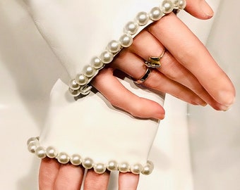 White Wedding leather gloves fingerless with Pearl, Bridesmaids gloves, Gloves for the Bride