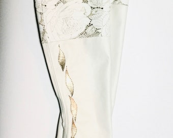 White Leather Fingerless Bridal Gloves, Long Lace Wedding Gloves