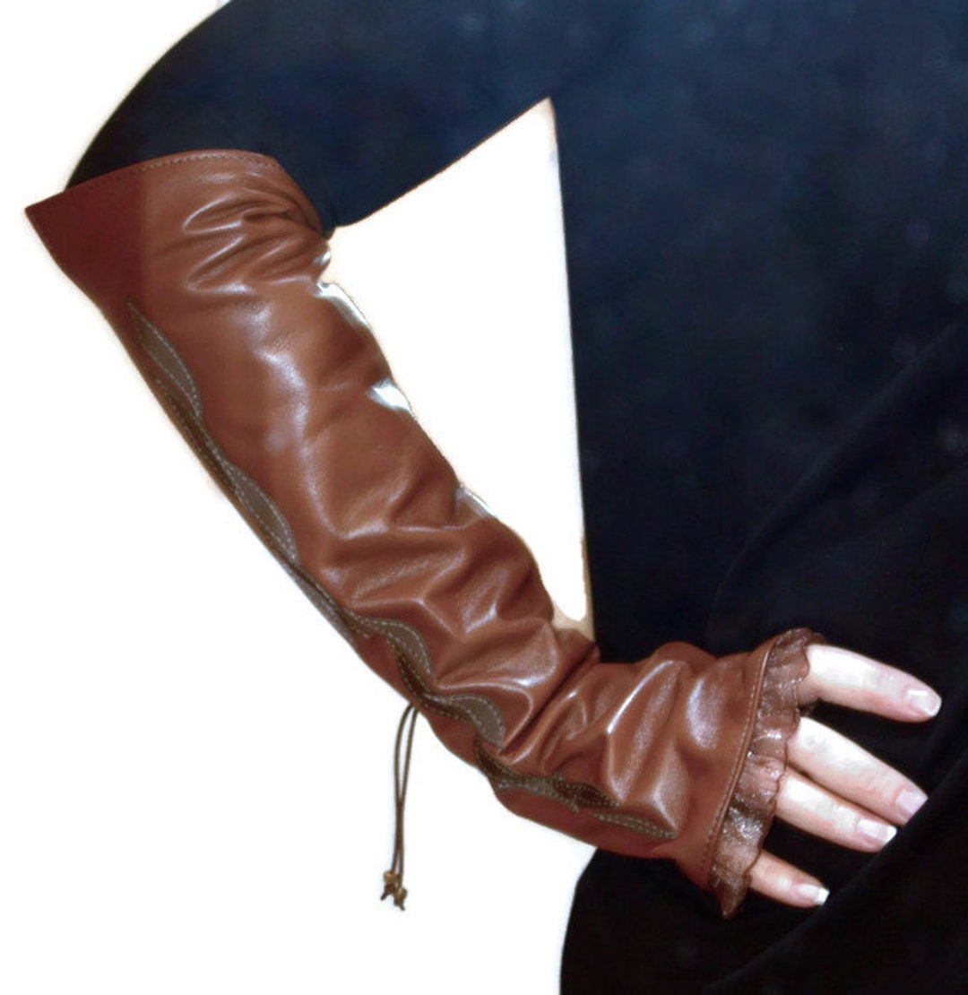 Long Leather Fingerless Gloves: Coffee Brown Opera Gloves With