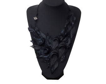 bib necklace online Black Leather bib Necklace, Goth Collar, Long Fashion Collier, Handmade Women's Jewelry, Bohemian necklace