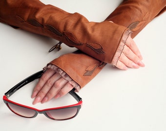 Guantes largos de cuero sin dedos Mangas de brazo Naranja quemado para mujer, Regalo de esposa