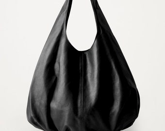 Large leather hobo bag black Gathered leather purse for women