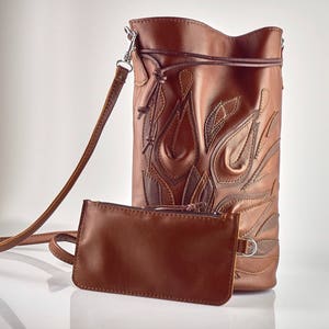 Small Leather Bucket bag for women, Coffee Brown Leather bag with flowers, Wife Christmas gift
