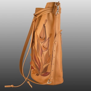 Cognac Leather Tote Bag: Handmade Floral Bucket Bag