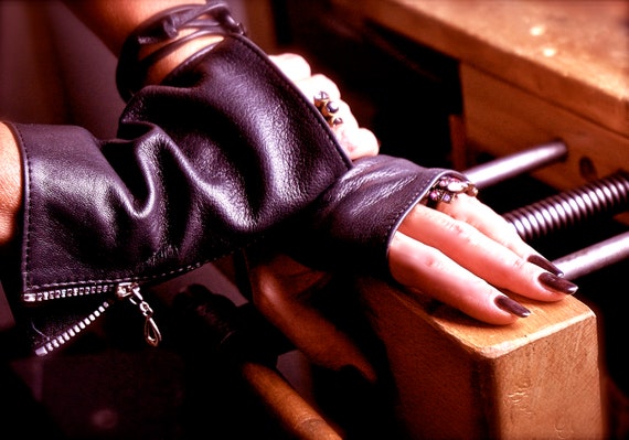 Purple Fingerless Leather Gloves With Zipper for Men or Women 