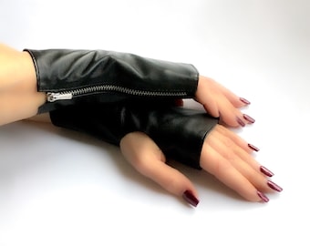 Leather gloves fingerless Arm warmers Short gloves for Women or Men with zipper Mother's Day Gift