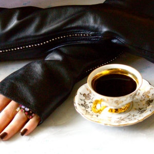 Leather Fingerless Gloves Women Long Opera Evening Black Gloves with Swarovski Crystals Gift for her Arm Warmers