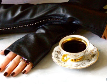 Leather Fingerless Opera Gloves: Black Swarovski Crystal Arm Warmers