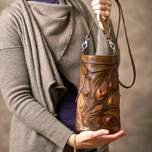 Brown Leather Bucket Bag: Handmade Italian Leather Crossbody with Floral Ornament