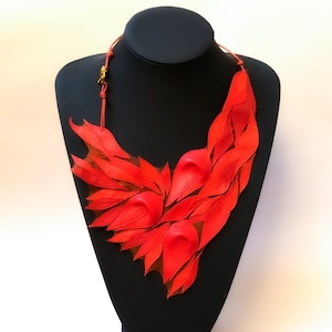 Leather Bib Necklace, Long Collier, Red Statement Necklace, Valentine&#39;s Day Gift