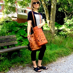 Burnt orange leather Bucket bag with flowers for women Embroidery of leather