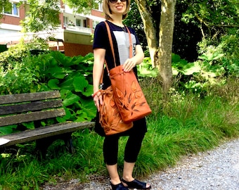 Burnt orange leather Bucket bag with flowers for women Embroidery of leather