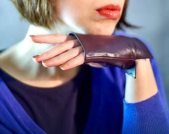 Guantes de cuero sin dedos, manoplas elegantes de mujer púrpura, regalo del Día de la Madre