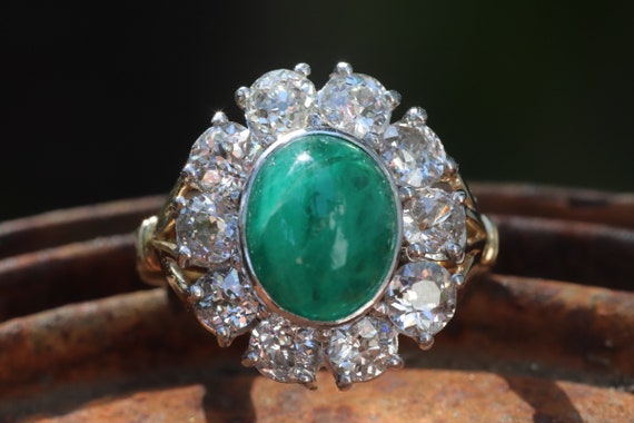 Emerald old European cut diamond halo Art Deco pe… - image 3