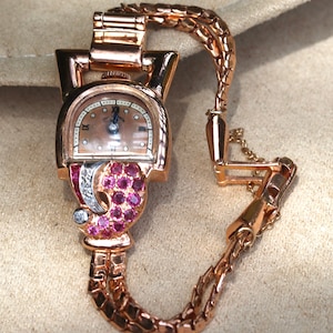 14k solid rose gold retro Paul Ditisheim wristwatch with rubies and diamonds 7.25”