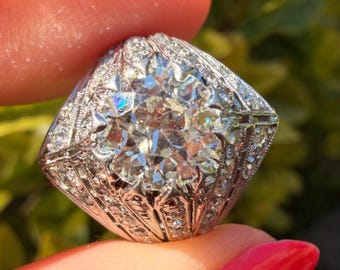 Art deco old European cut natural diamond platinum cocktail ring
