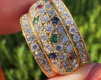 Diamond, Ruby, emerald, sapphire Pave cigar band ring