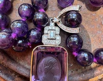 14 karat white gold amethyst bead necklace with French cut diamonds