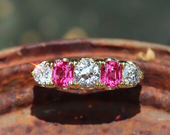 Victorian style jedi pink spinel and old European cut diamond 5-stone 18k yellow gold